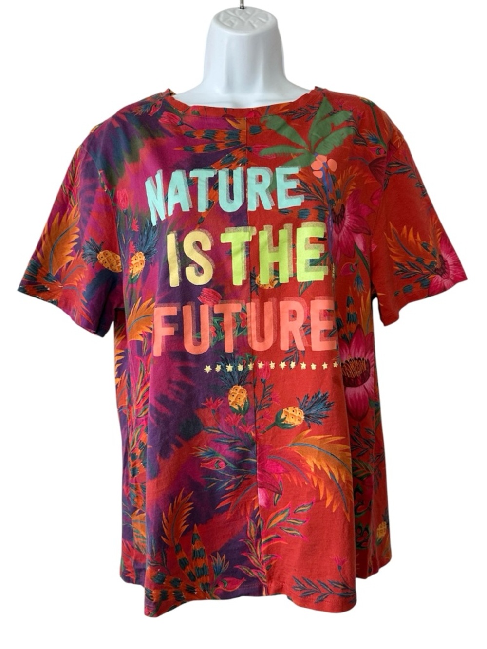 Farm Rio Women’s Red Floral Colorful Nature is the Future T-Shirt- Medium